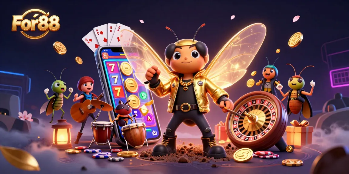 Engage in vibrant For88 gaming with a cicada rock star and dynamic casino elements.