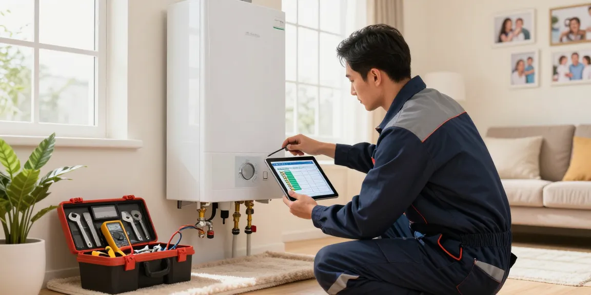 Expert performing boiler repair in Belfast, showcasing skills in a cozy home environment.