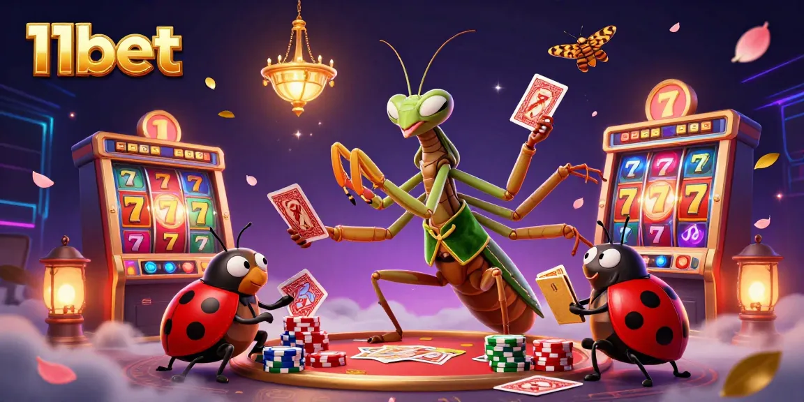 Experience thrilling casino action featuring vibrant 11bet elements like cards, chips, and jackpot reels in a dynamic illustration.