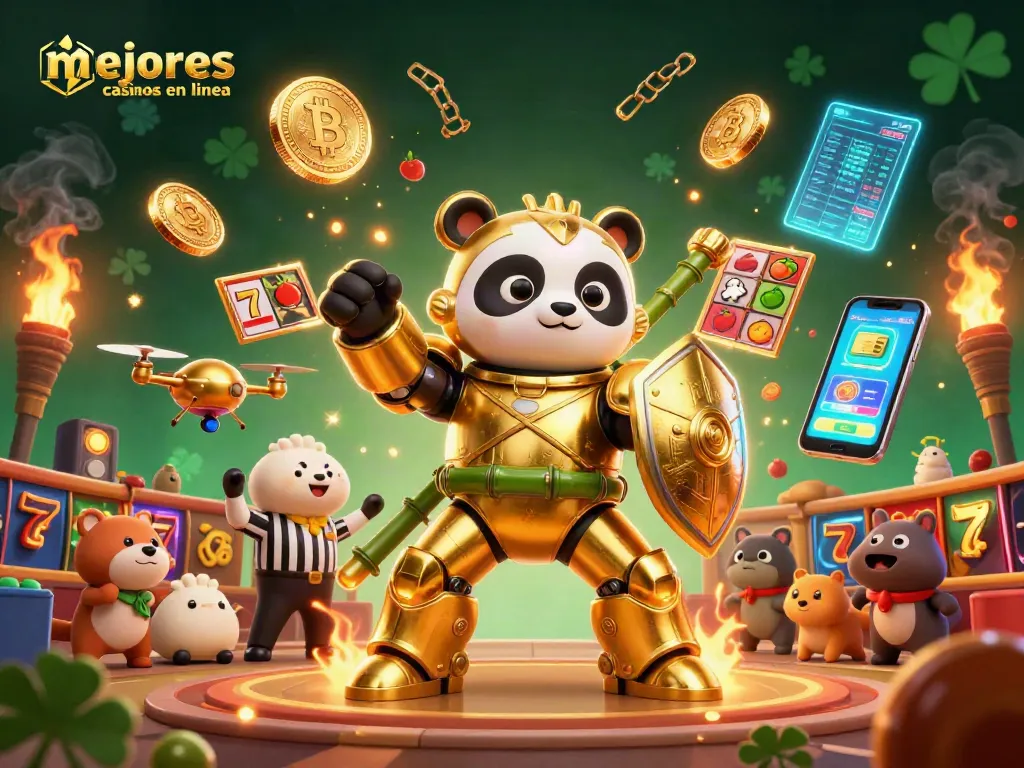 Representación de los mejores casinos en línea con un panda dorado en un robot de combate, rodeado de elementos de juego.