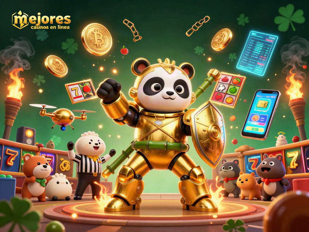 Representación de los mejores casinos en línea con un panda dorado en un robot de combate, rodeado de elementos de juego.