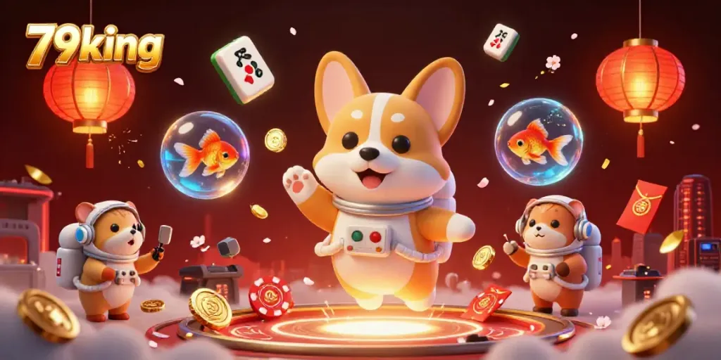 Experience the dynamic casino world of 79king with a floating corgi, poker chips, and festive elements.