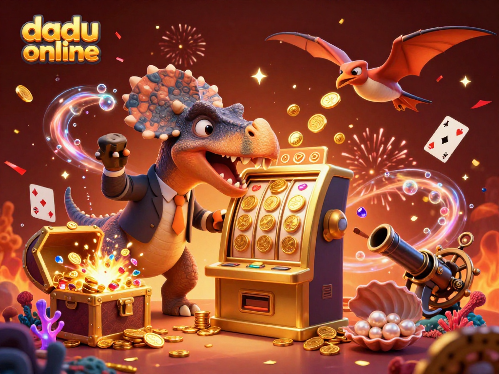 Engage in thrilling dadu online gameplay as a cartoon dinosaur triumphs at a golden slot machine, capturing excitement as coins fly