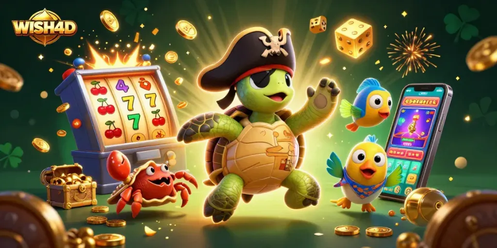 Engage with WISH4D's thrilling slot experience featuring vibrant casino elements and cartoon characters.