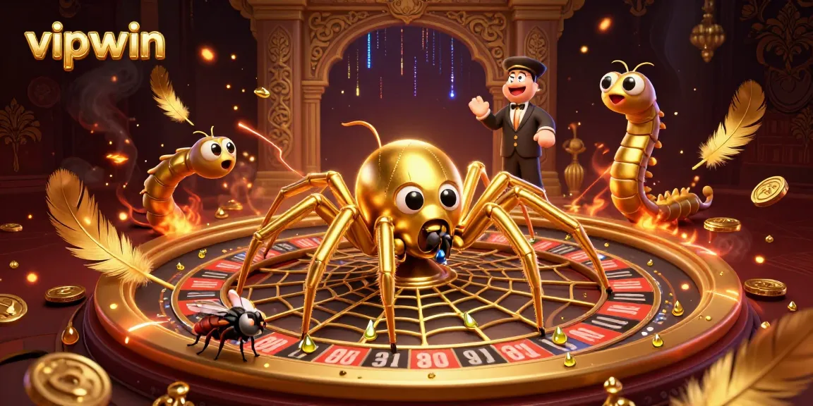 Experience the thrilling action of vipwin's roulette wheel with a golden spider spinning bets and flames.