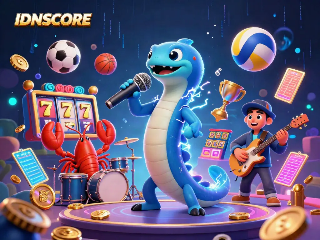 IDNSCORE showcases an electric eel DJing with vibrant casino elements in a dynamic underwater scene.