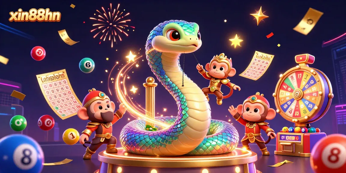 Experience exciting gameplay at xin88hn with vibrant lottery balls, golden tickets, and magical serpent art.