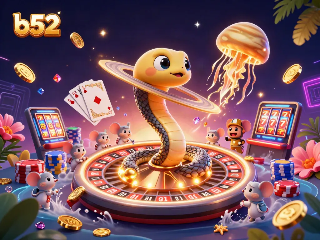 Bets come alive at b52 casino with 3D cartoon Saturn snake and cosmic dealer amidst coins and cards.