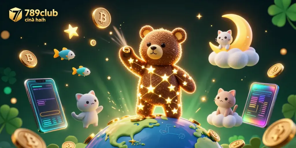 Experience thrilling gameplay with 789club chính hãng as the constellation bear scoops coins amidst vibrant illustrations.