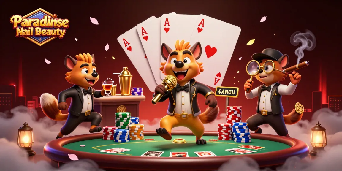 Engage with Paradise Nail Beauty's vibrant casino atmosphere featuring unique hyena characters in action.