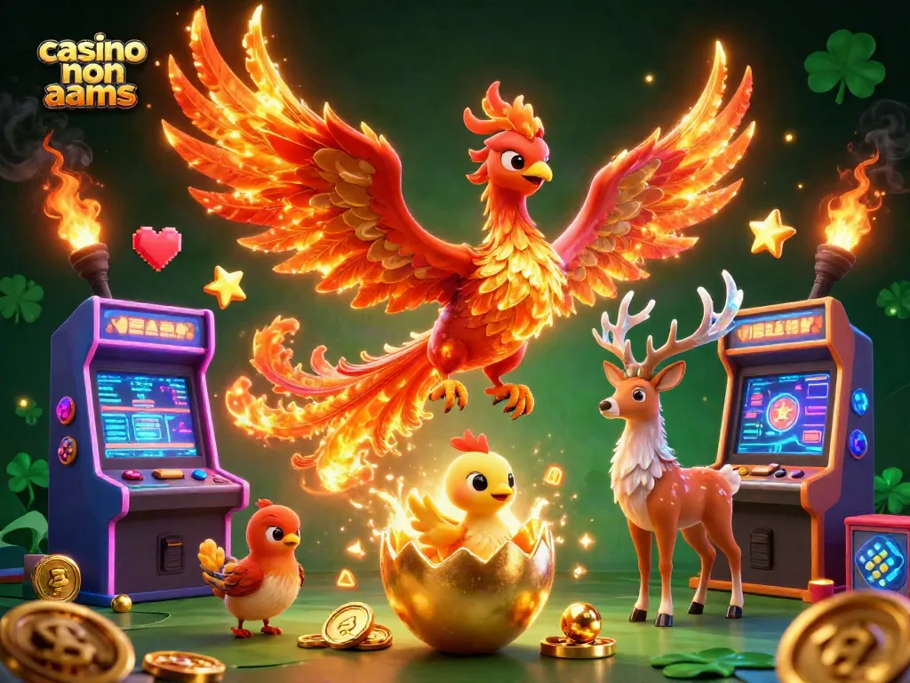 Giocando nei casino non AAMS, una fenice flamboyante e un cervo mistico circondati da elementi di gioco e ricchezze dorate.