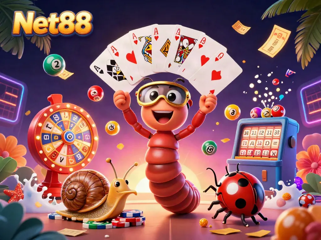 Experience the thrill of Net88 with vibrant games and dynamic casino characters in a rich, colorful scene.