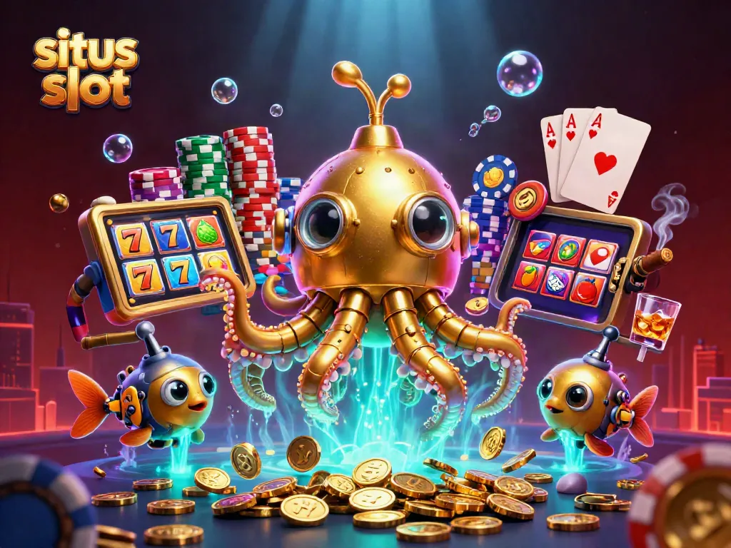 Experience thrilling gameplay with the situs slot featuring vibrant slot reels and a golden kraken submarine.