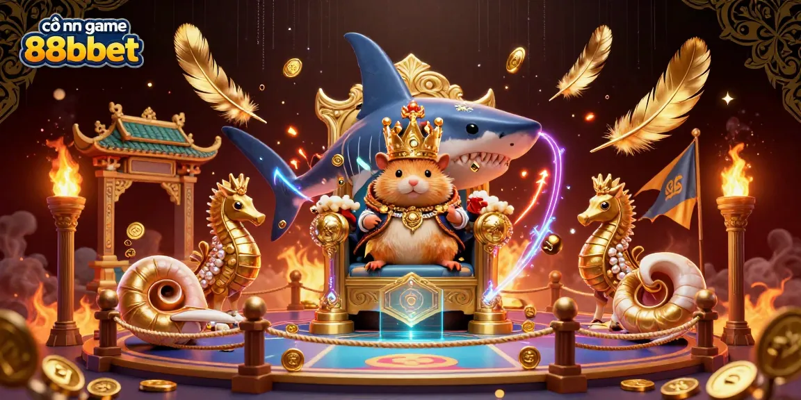 Engage with cổng game 88bbet in a vibrant 3D illustration featuring a hamster king and seahorse guards.