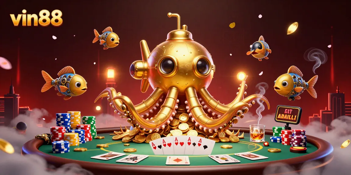 Engage with vin88 in a vibrant online casino scene featuring a golden kraken submarine and poker action.