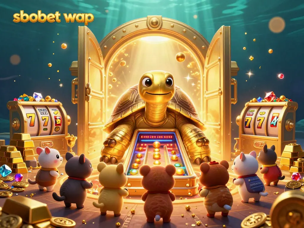 Experience thrilling sbobet wap action with a colossal tortoise in a vibrant treasure scene.