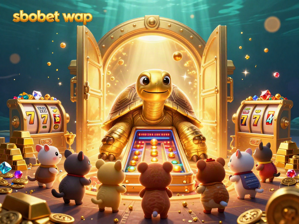 Experience thrilling sbobet wap action with a colossal tortoise in a vibrant treasure scene.