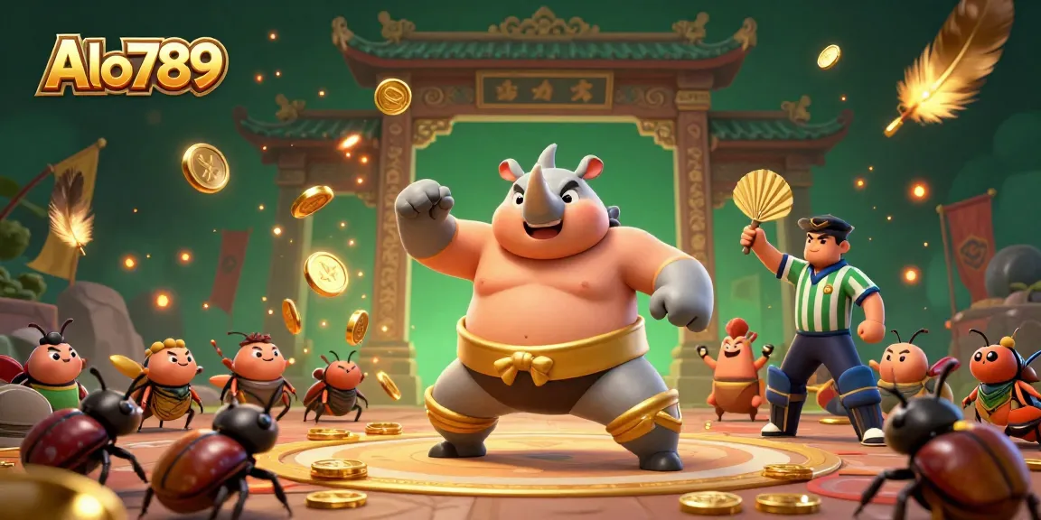Alo789 features a sumo beetle champion stomping gold coins in a vibrant arena with cheering spectators.