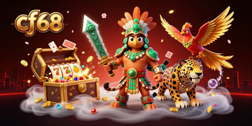 Engage in thrilling casino adventures with cf68, featuring vibrant Aztec warriors amidst slot reels.