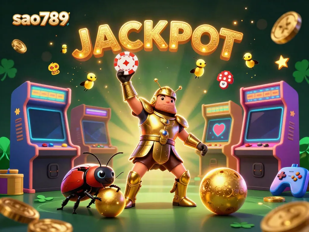 Experience the excitement with sao789 as the hercules beetle triumphantly lifts a poker chip amidst a vibrant casino scene.
