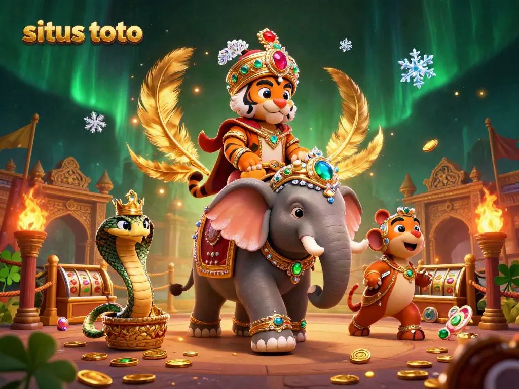 Experience situs toto with an ultra-detailed 3D scene of a maharaja tiger, jewel-encrusted elephant, and vibrant casino elements.