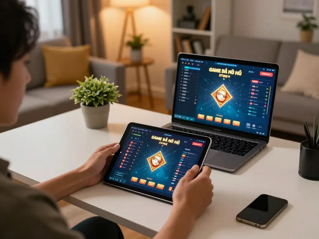 Engaging with Game bài nổ hũ on a tablet during online gaming session in a cozy living room.