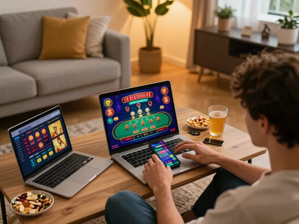 Player engaging in online gaming on tr88 casino app, surrounded by a cozy and stylish living space.
