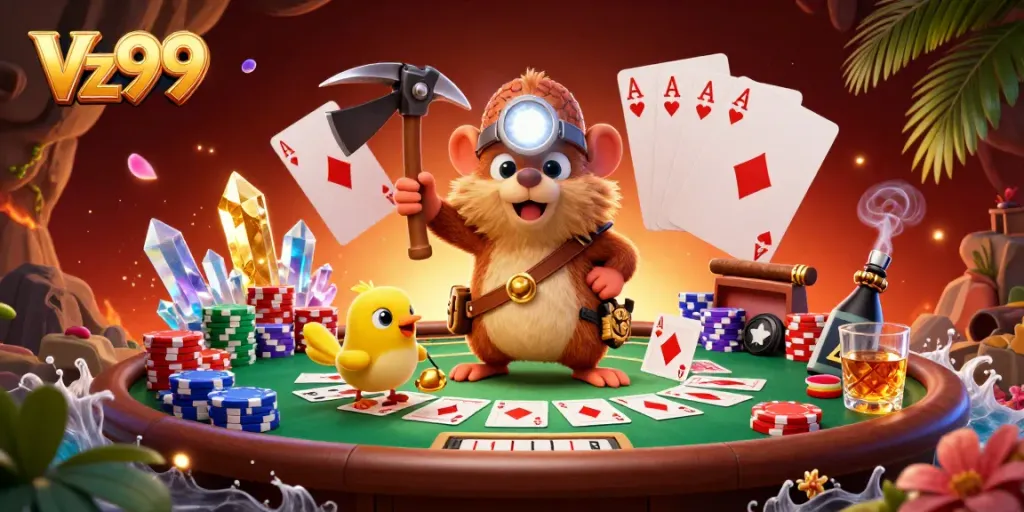 Experience the thrill of Vz99 with an exciting gaming scene featuring a treasure hunter mole and vibrant casino elements.