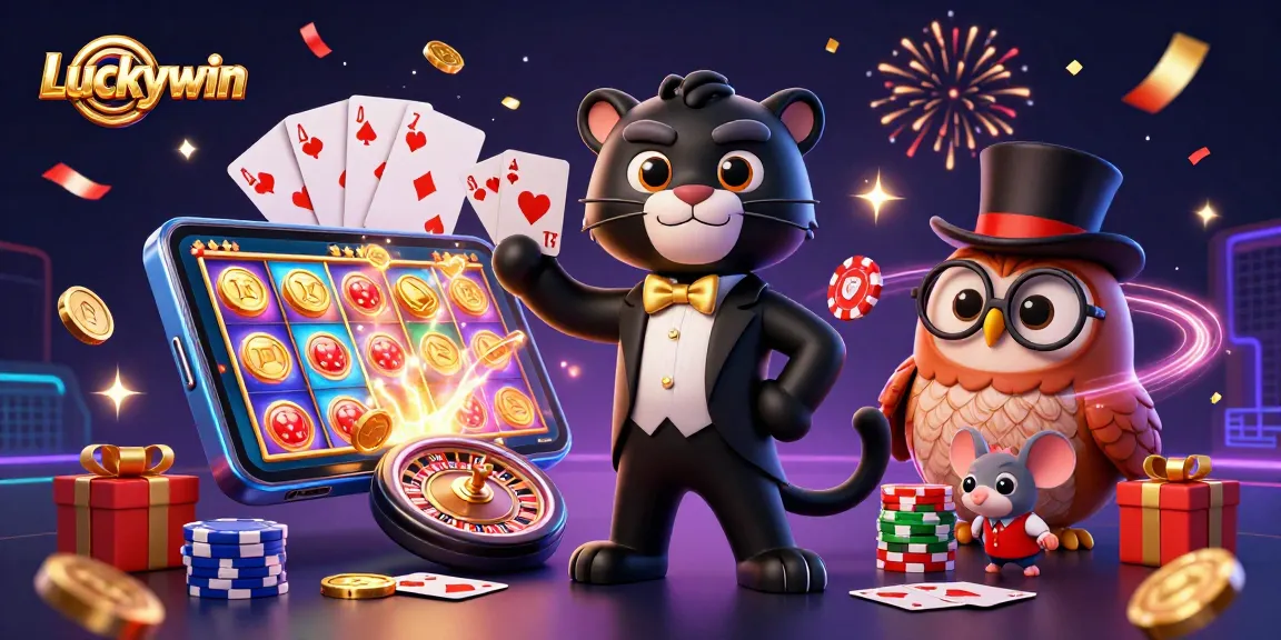 Join the Luckywin gaming adventure with a stylish panther dealing cards and friends amid colorful casino elements.