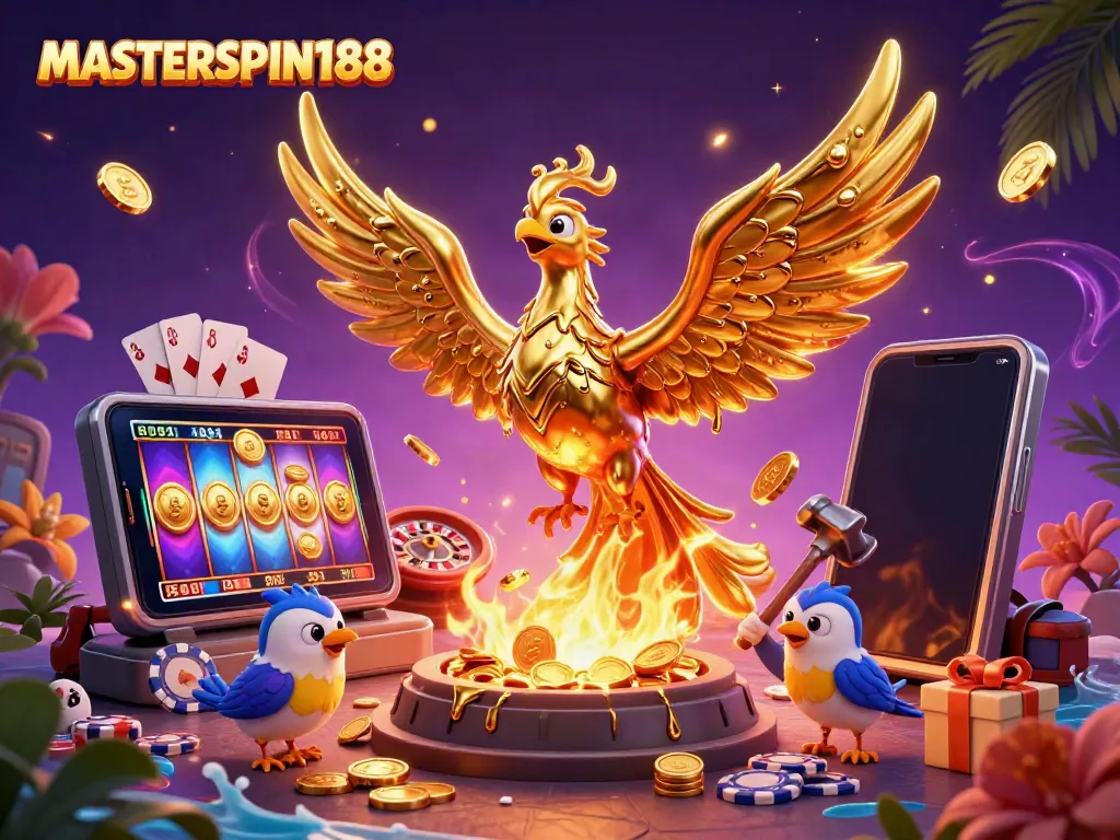 Engage with MASTERSPIN188's vibrant gaming scene featuring golden phoenix and casino elements.