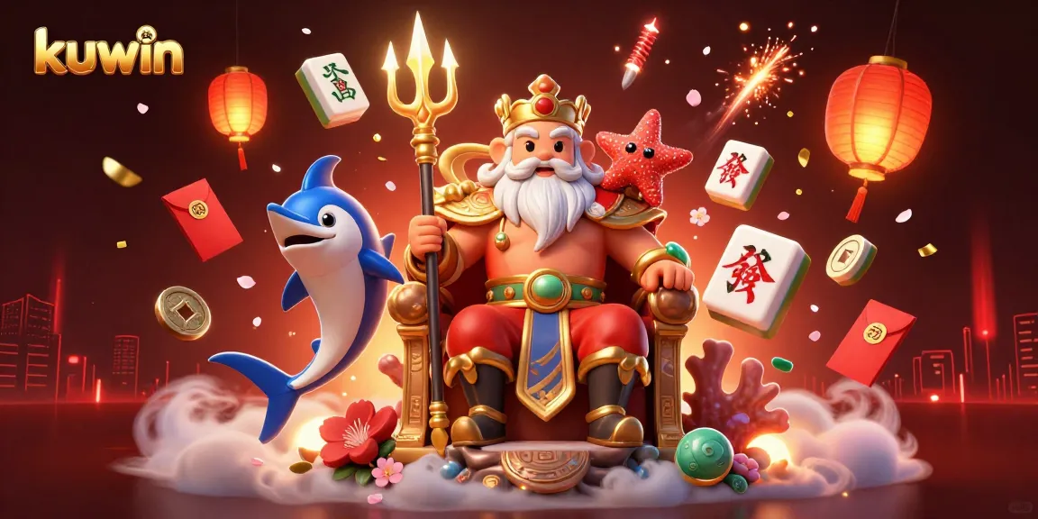 Experience the thrill of kuwin with Neptune and vibrant gaming elements in a stunning 3D illustration.