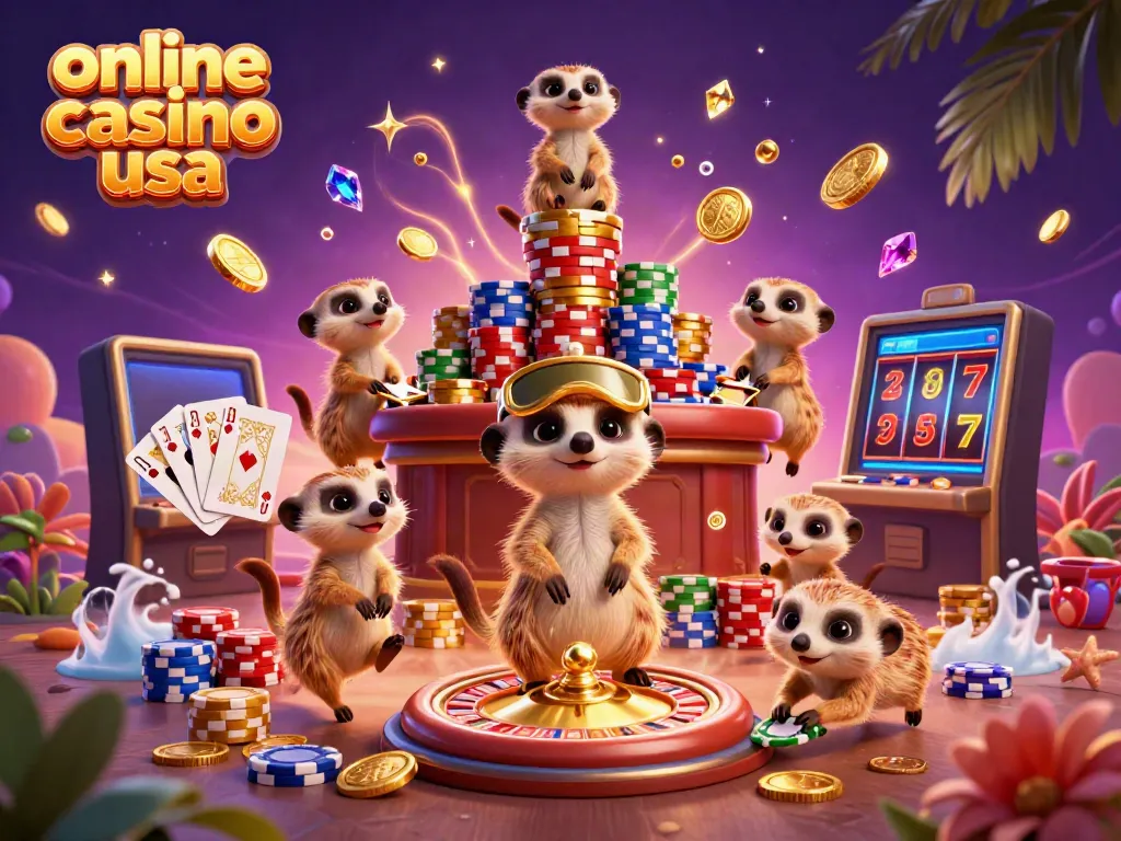Experience the lively online casino usa scene with meerkats managing a vibrant gaming operation.