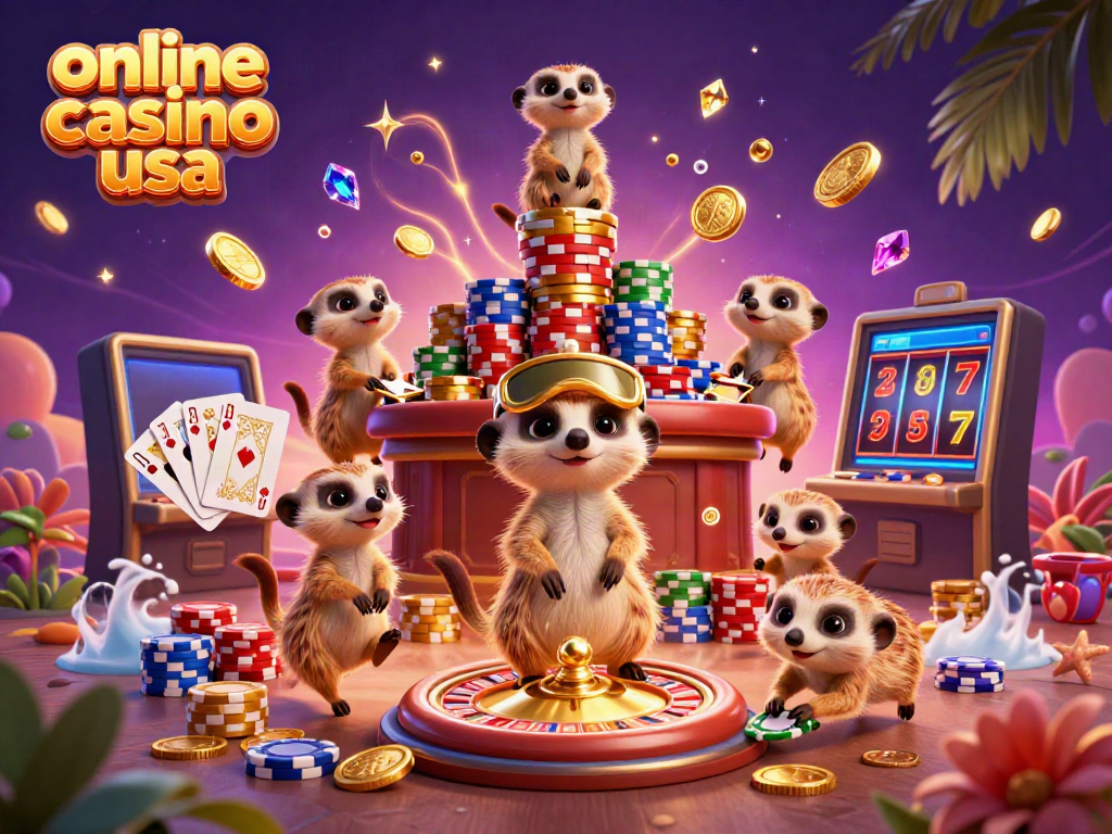 Experience the lively online casino usa scene with meerkats managing a vibrant gaming operation.