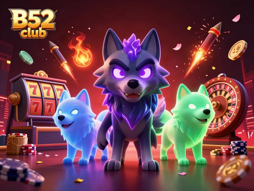The B52 club scene with a shadow wolf and ghostly companions celebrating in a vibrant casino atmosphere.