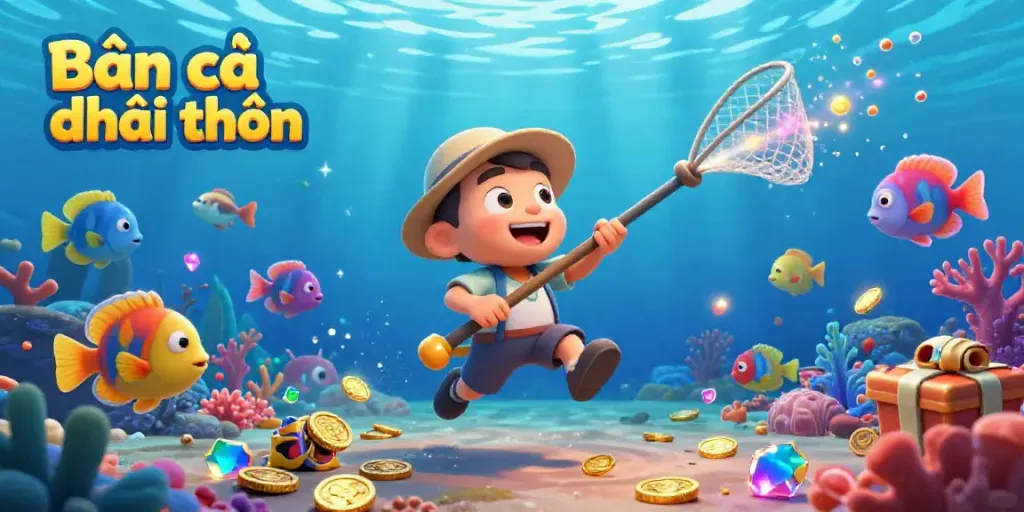 Catch fish in action with Bắn cá đổi thưởng featuring vibrant 3D characters and underwater treasures in a lively ocean setting.