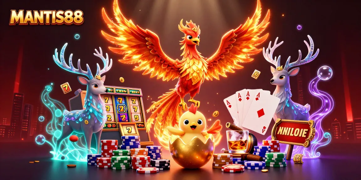 Experience the thrill of MANTIS88 with dynamic slots and a fiery phoenix in a vibrant casino scene.