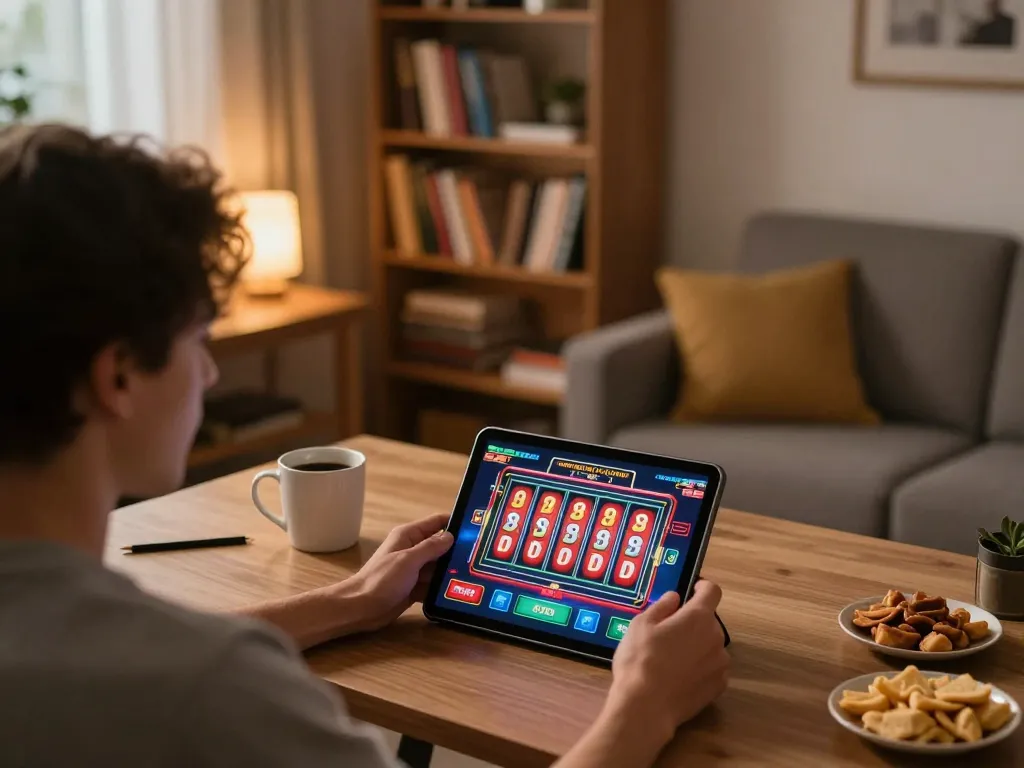 Bulenthasan engaging in an interactive online casino game on a tablet in a cozy home office setting