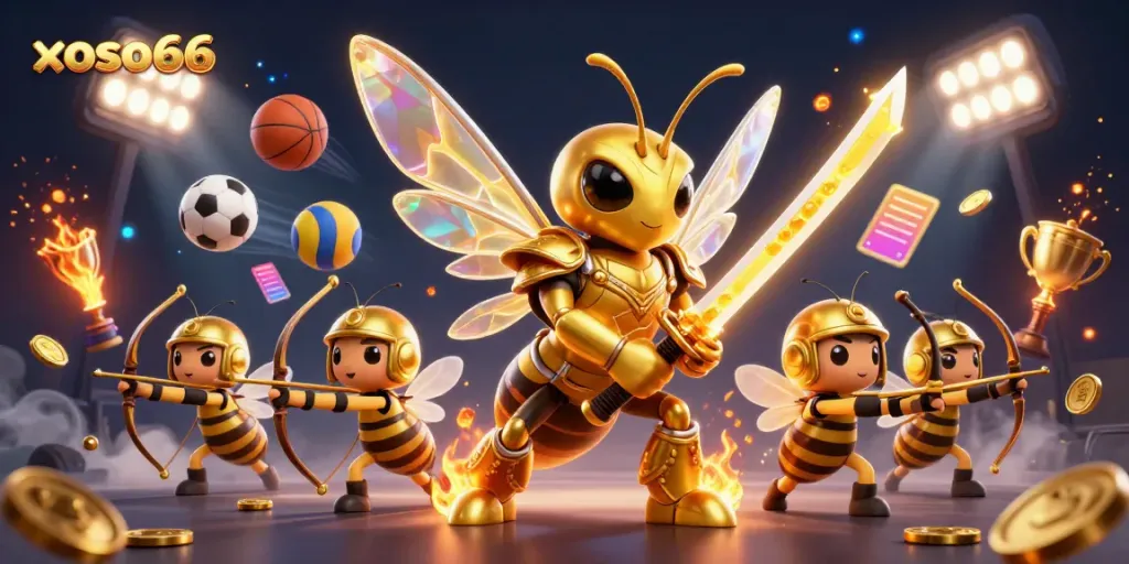 Experience the excitement of xoso66 with a dynamic illustration of a golden hornet in samurai armor amidst sports elements, creating a vibrant casino atmosphere.