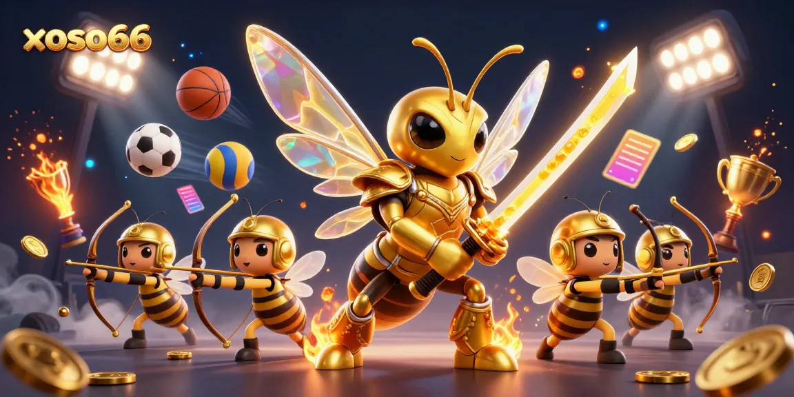 Experience the excitement of xoso66 with a dynamic illustration of a golden hornet in samurai armor amidst sports elements, creating a vibrant casino atmosphere.
