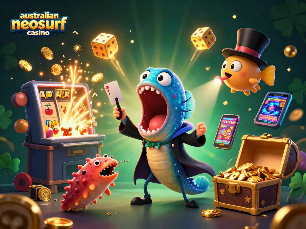 Engaging scene of australian neosurf casino characters performing tricks amidst vibrant casino elements.