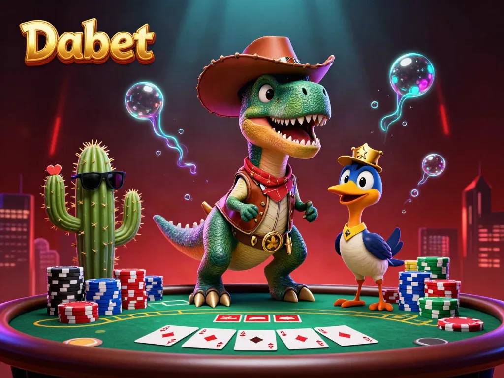Dabet brings excitement to online poker with a vibrant illustration featuring a cowboy dinosaur, cactus, and roadrunner.