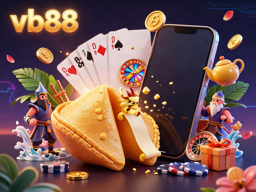 Experience the thrilling world of vb88 with a magical 3D illustration of a fortune cookie and shimmering gold, capturing the essence of online gambling.