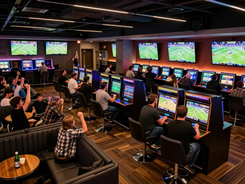 Thrilling atmosphere at a sports betting lounge; tỷ lệ kèo nhà cái visible on screens.