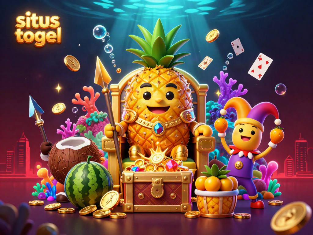 Experience situs togel action with a golden pineapple king commanding a vibrant beach casino scene.