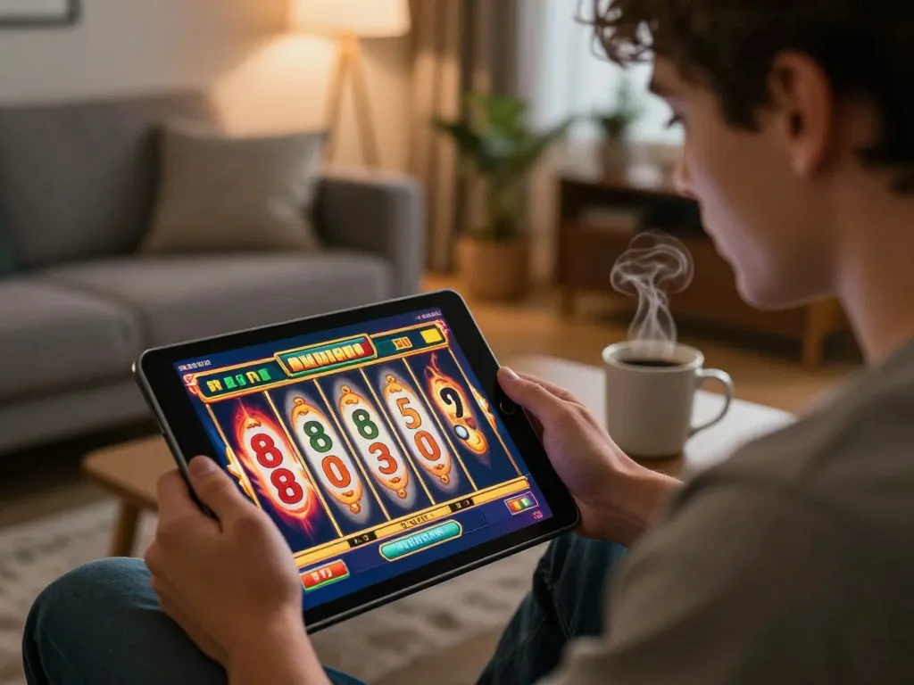 Player enjoys online slot game experience on tablet, embodying interdisciplinary excitement of dreidelsandmore digital gambling.