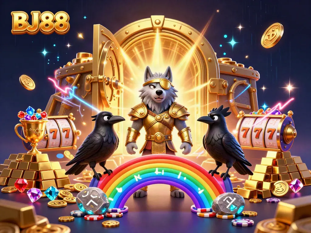 Experience thrilling gaming adventures with BJ 88 featuring Odin and treasures in a captivating casino scene.