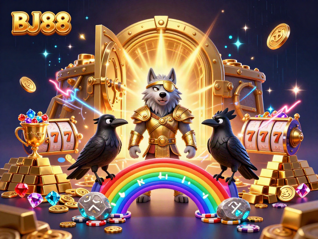 Experience thrilling gaming adventures with BJ 88 featuring Odin and treasures in a captivating casino scene.