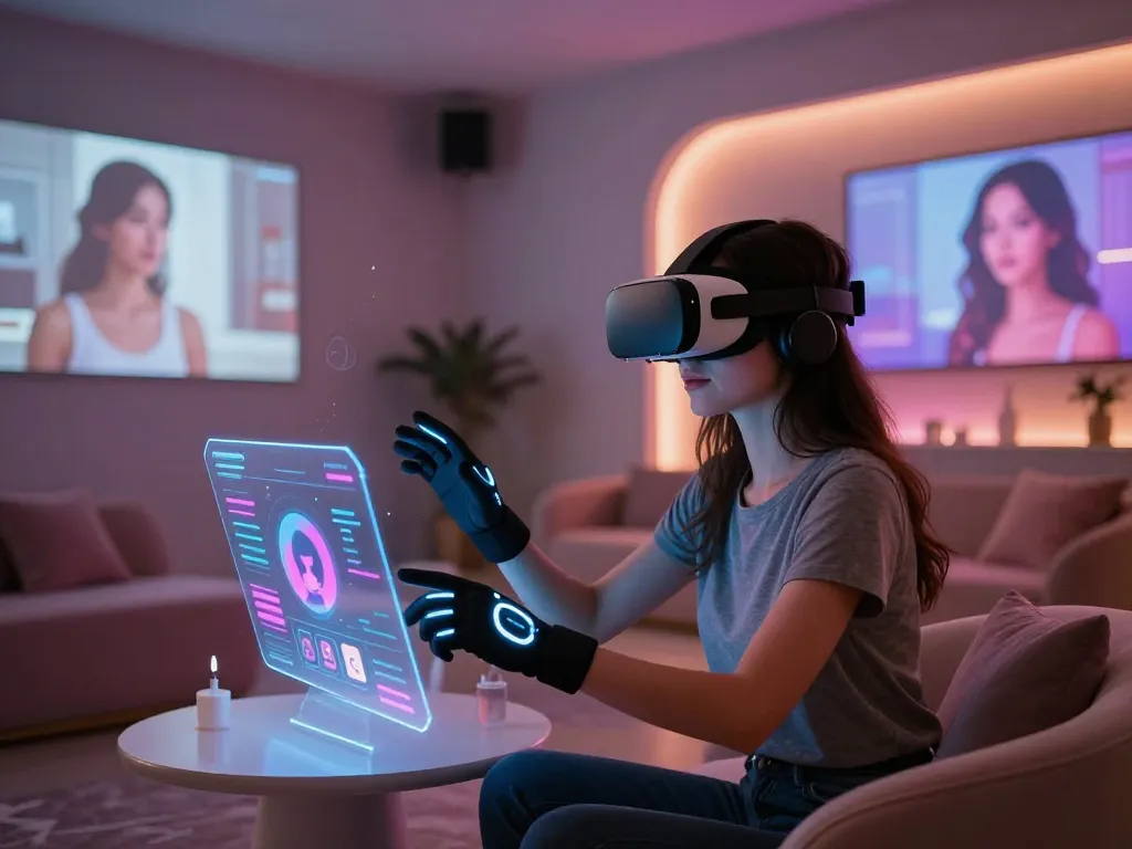 Engaging AI sex interactions in a futuristic virtual reality lounge with immersive tech.
