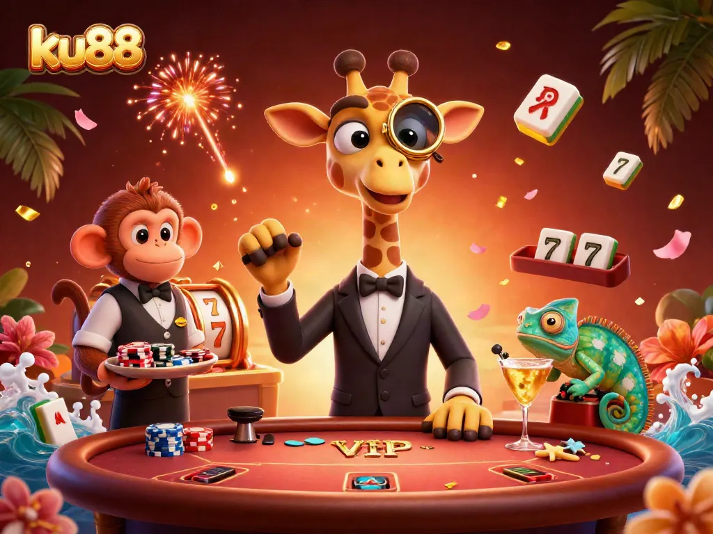 Experience the thrill of ku88 with a luxurious gaming scene featuring a high-roller giraffe and friends.