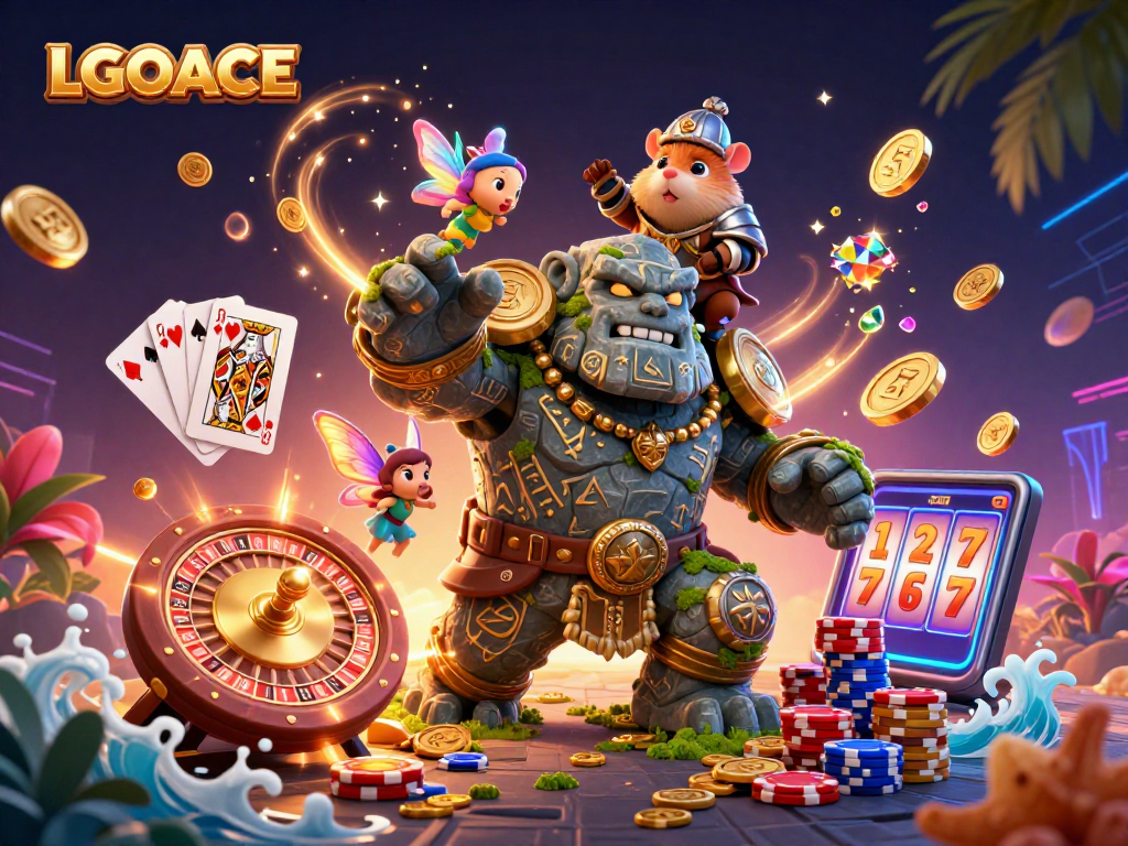 LGOACE showcases a vibrant casino scene featuring magical characters surrounded by sparkling coins and a spinning roulette wheel.